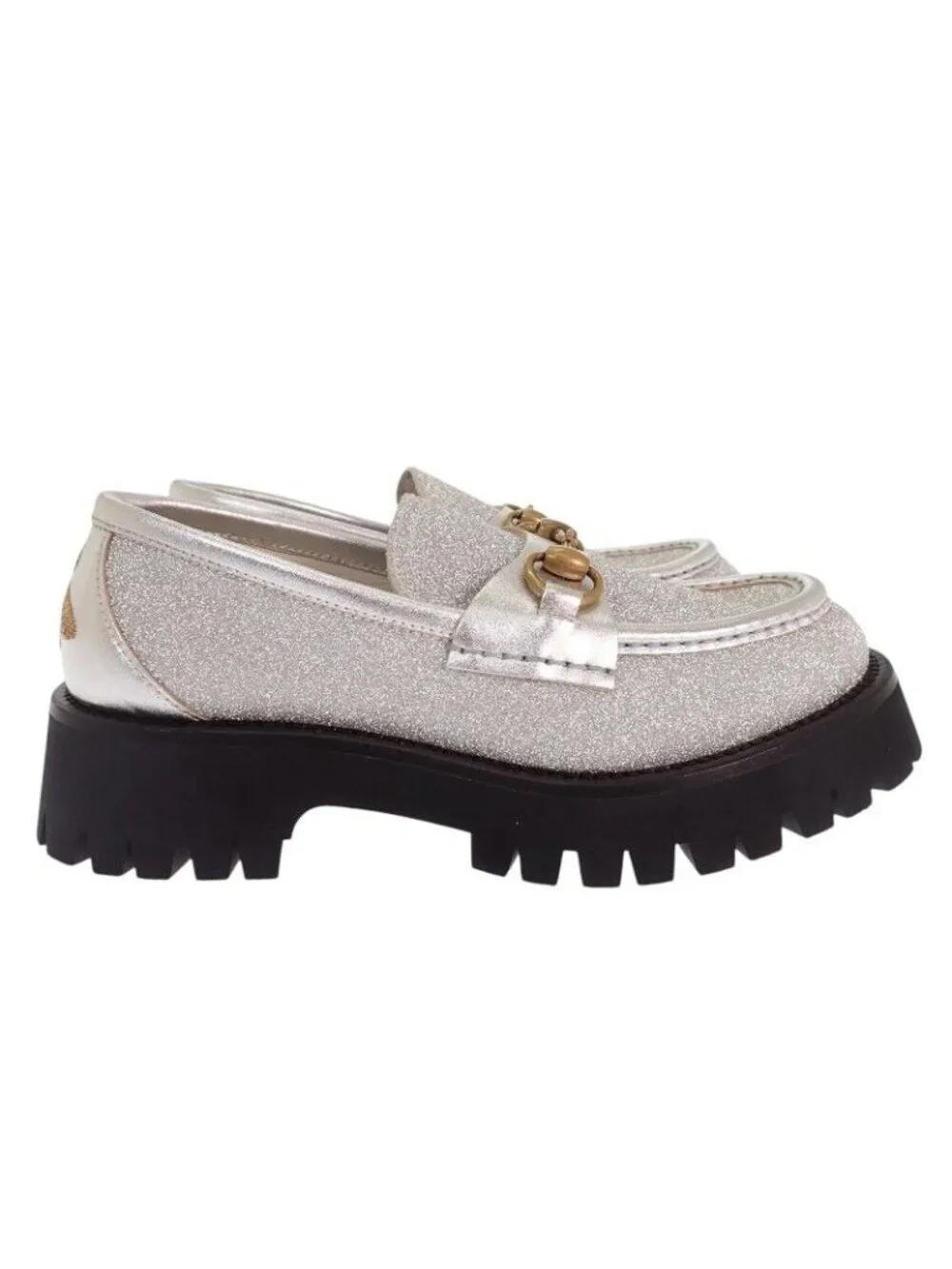 Gucci Horsebit Bee Loafers Shoes 36.5 Thick Sole Calfskin Metallic Silver Gold